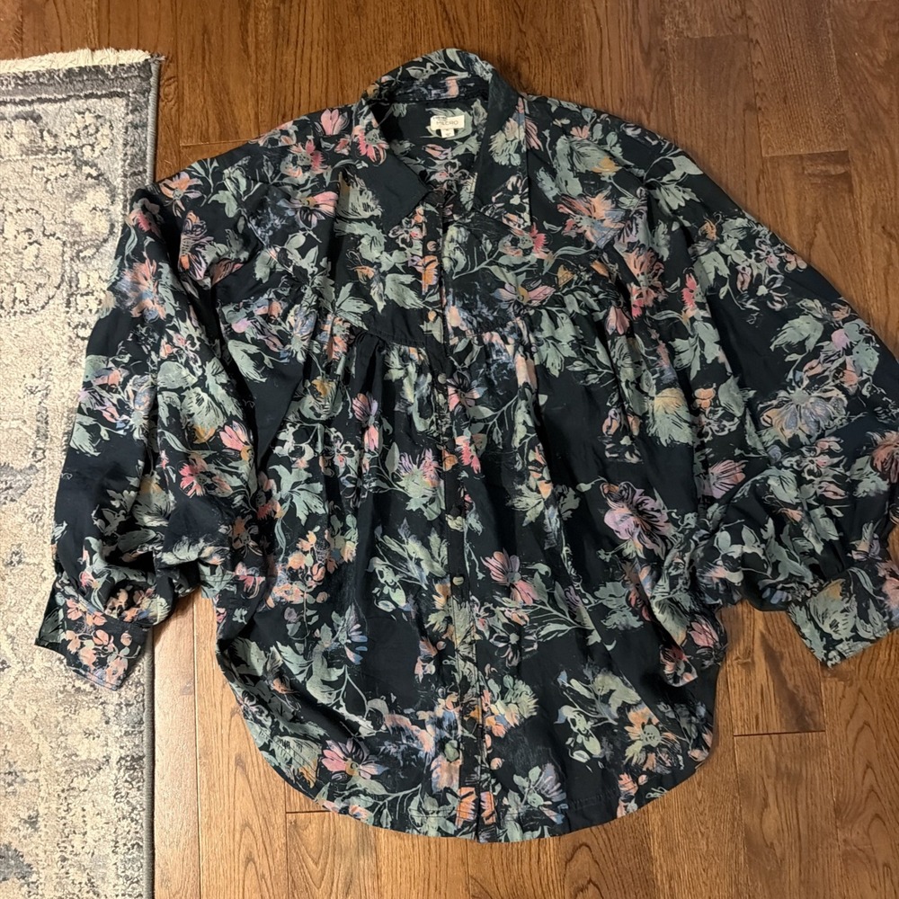 Pilcro Button Up Tunic Top XL Navy Floral Oversized Cottagecore Prairie